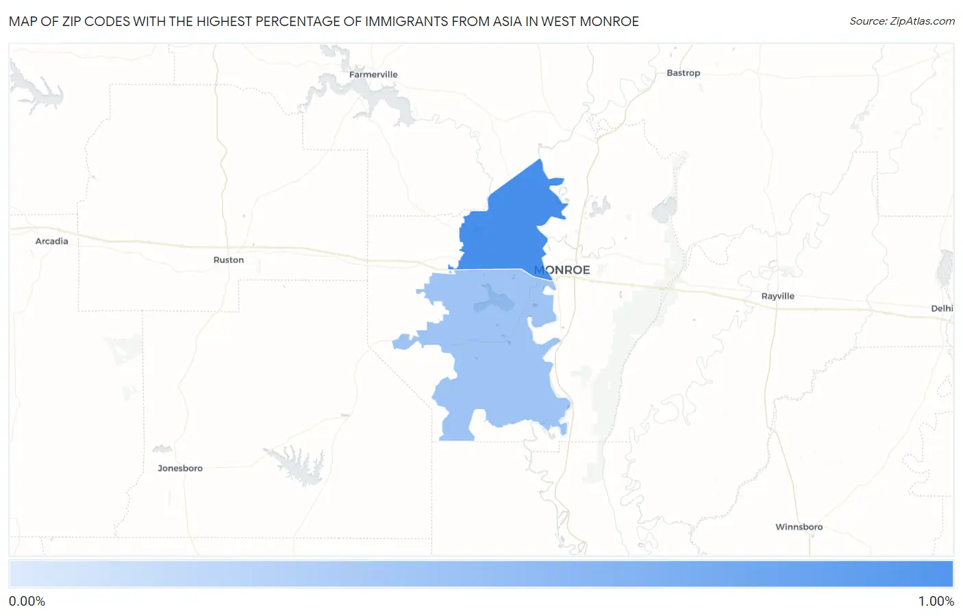 Zip Codes with the Highest Percentage of Immigrants from Asia in West Monroe Map