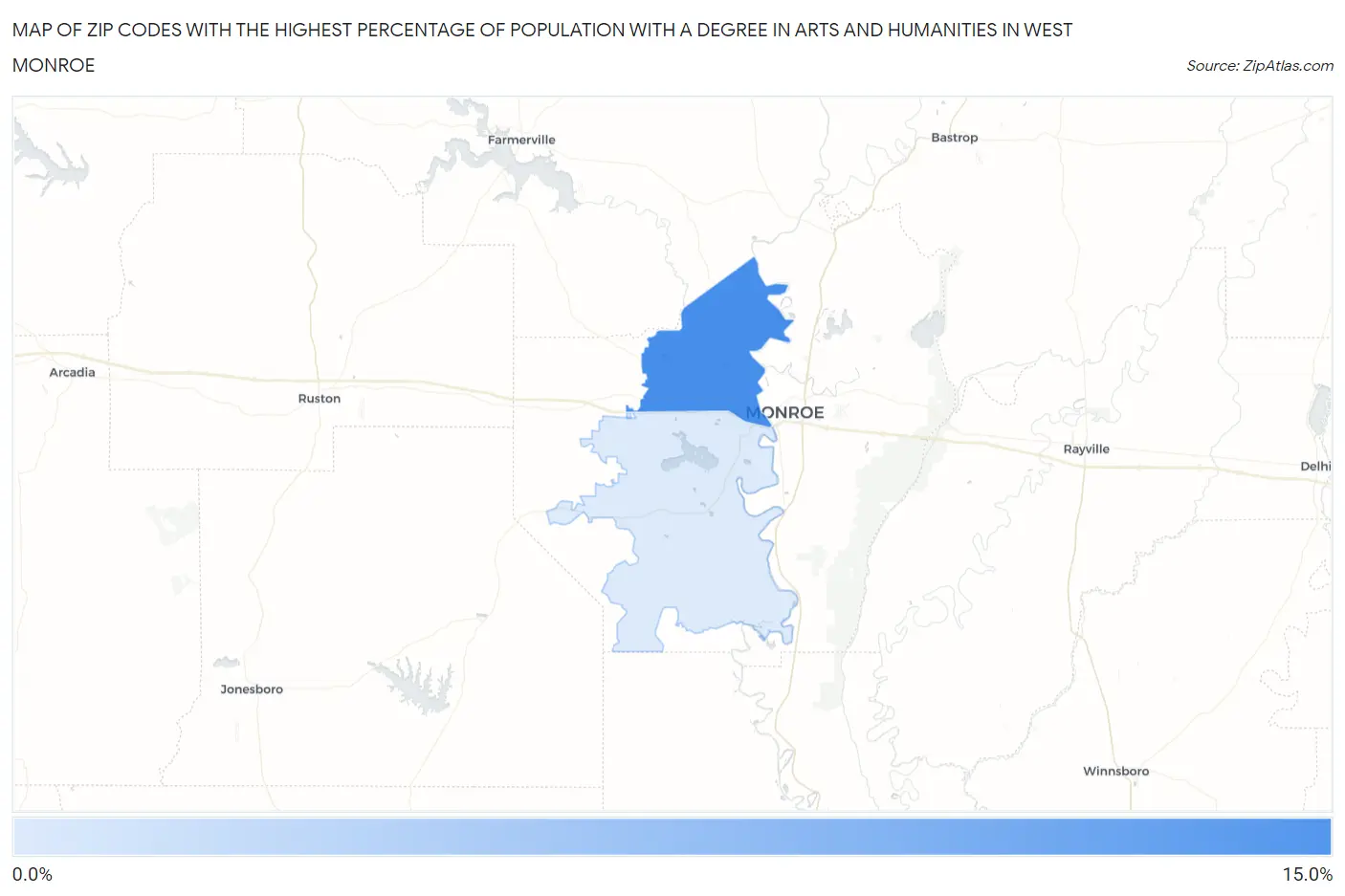 Zip Codes with the Highest Percentage of Population with a Degree in Arts and Humanities in West Monroe Map