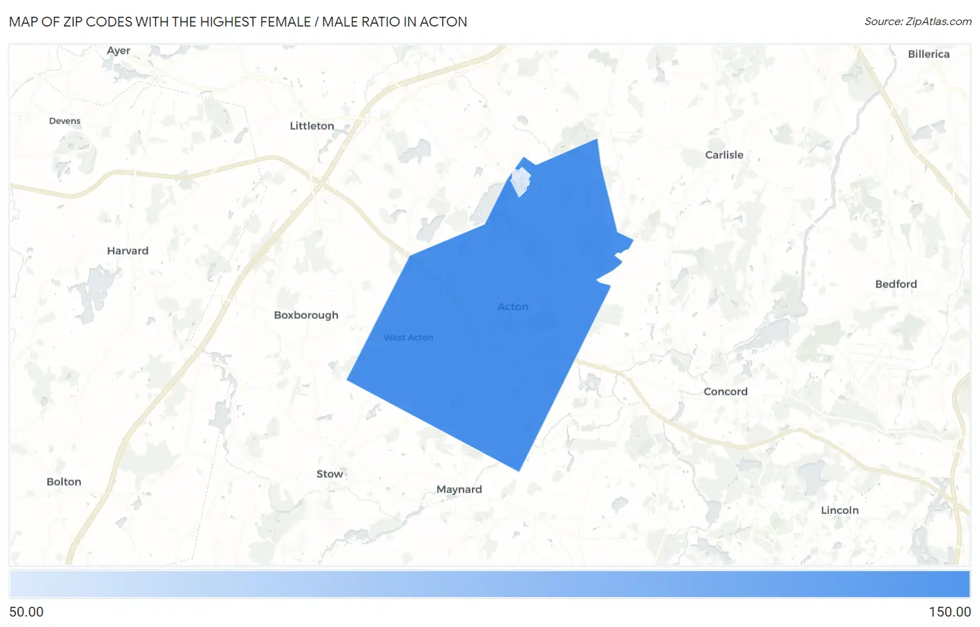 Zip Codes with the Highest Female / Male Ratio in Acton Map