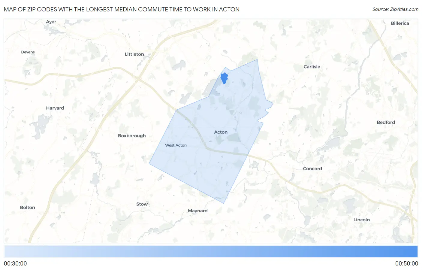 Zip Codes with the Longest Median Commute Time to Work in Acton Map