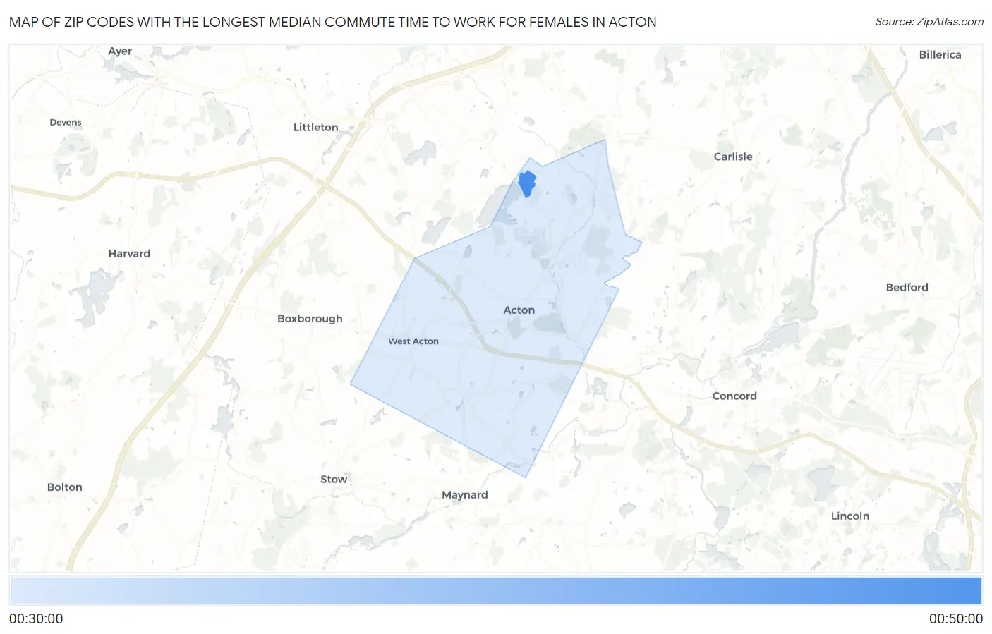 Zip Codes with the Longest Median Commute Time to Work for Females in Acton Map