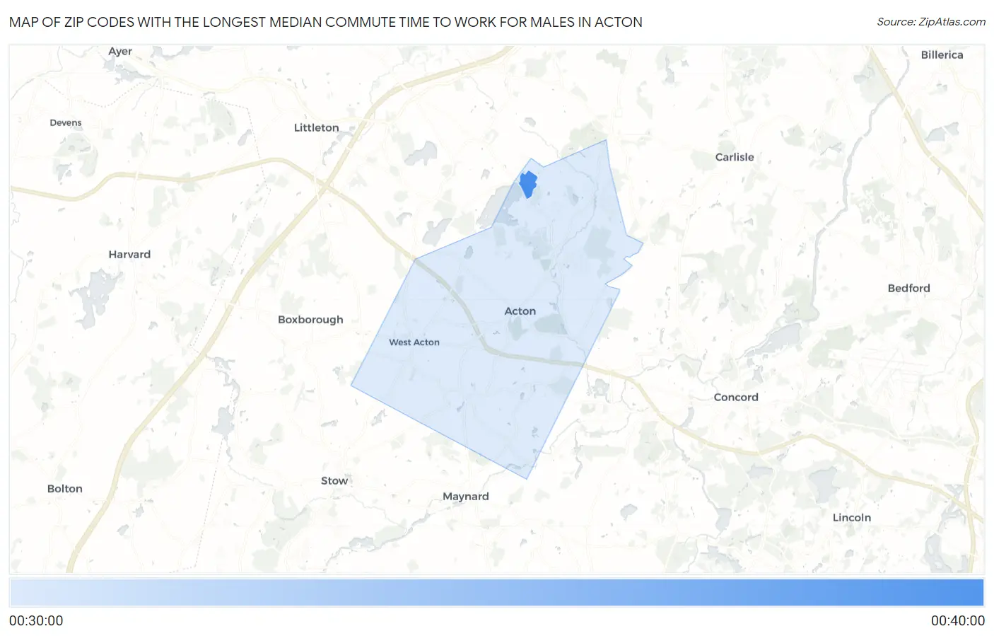 Zip Codes with the Longest Median Commute Time to Work for Males in Acton Map