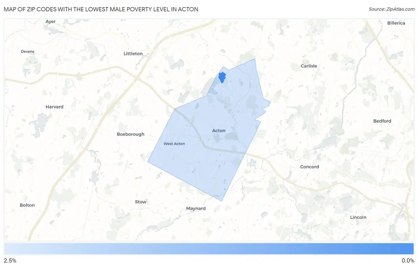 Zip Codes with the Lowest Male Poverty Level in Acton Map