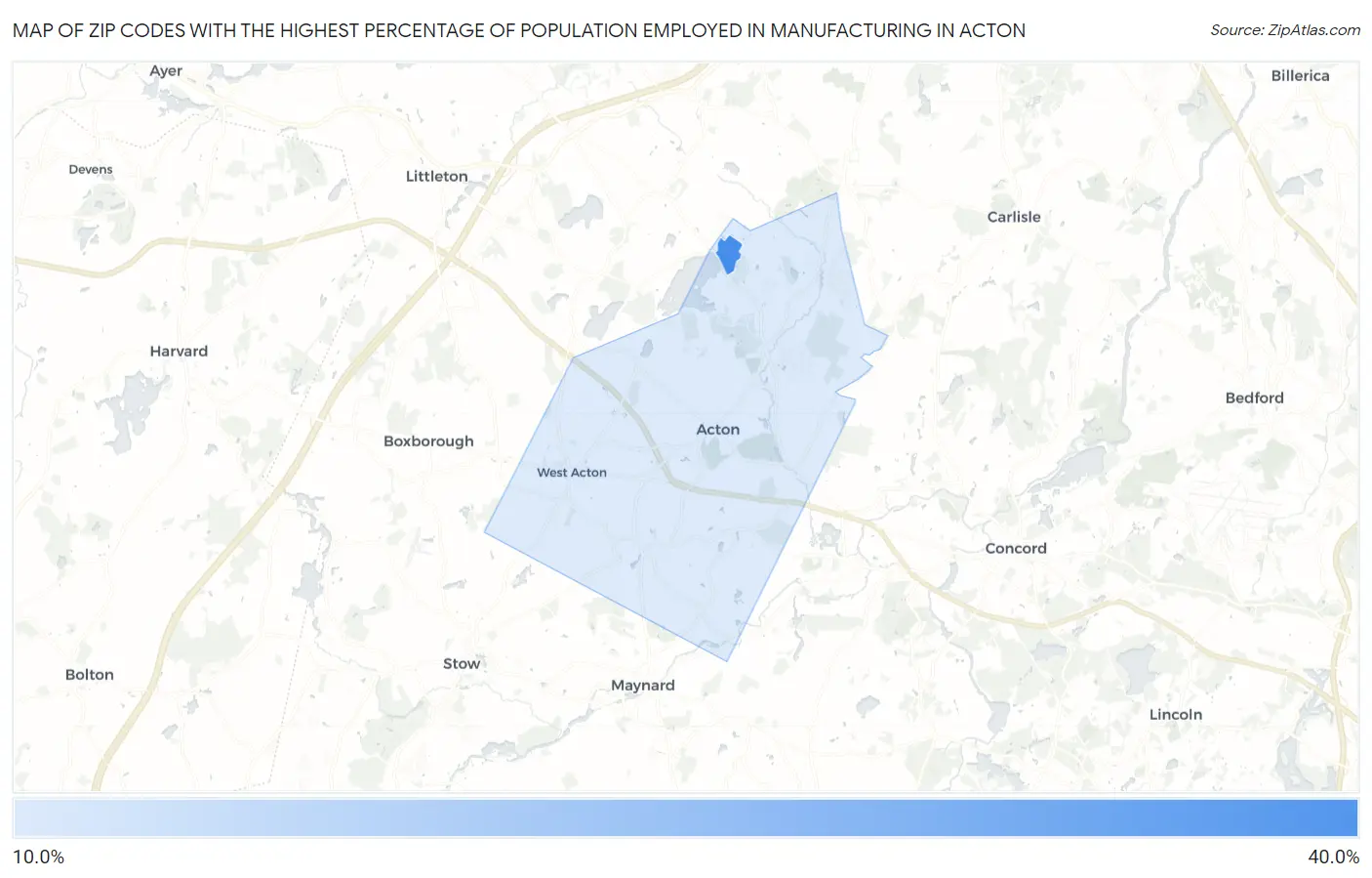 Zip Codes with the Highest Percentage of Population Employed in Manufacturing in Acton Map
