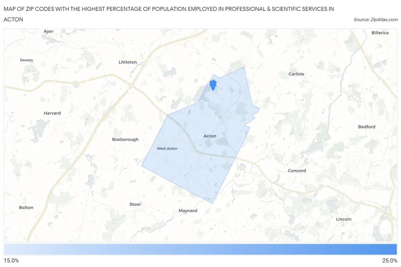 Zip Codes with the Highest Percentage of Population Employed in Professional & Scientific Services in Acton Map