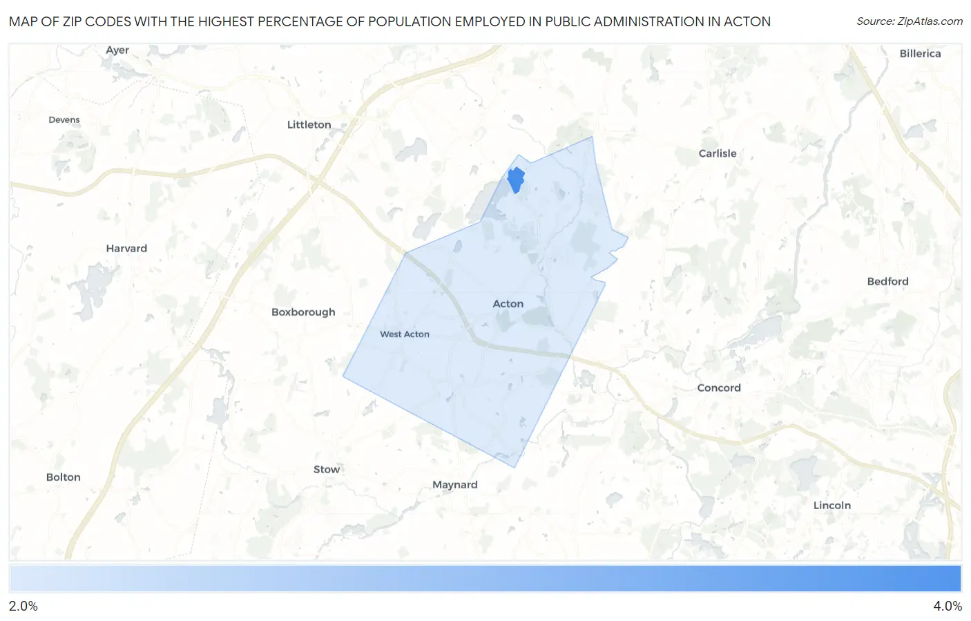 Zip Codes with the Highest Percentage of Population Employed in Public Administration in Acton Map