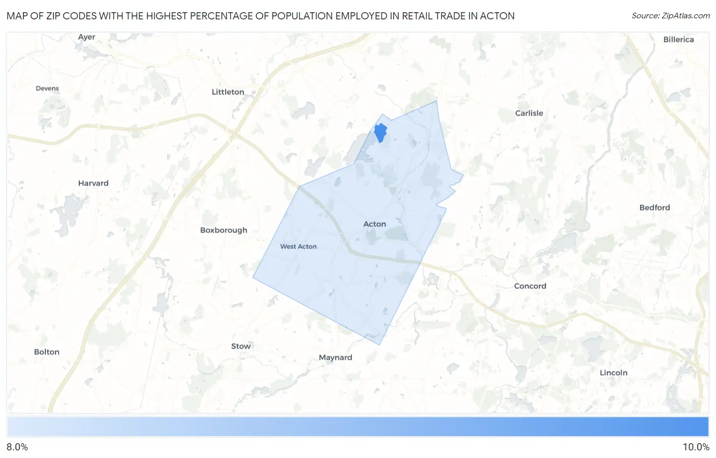 Zip Codes with the Highest Percentage of Population Employed in Retail Trade in Acton Map