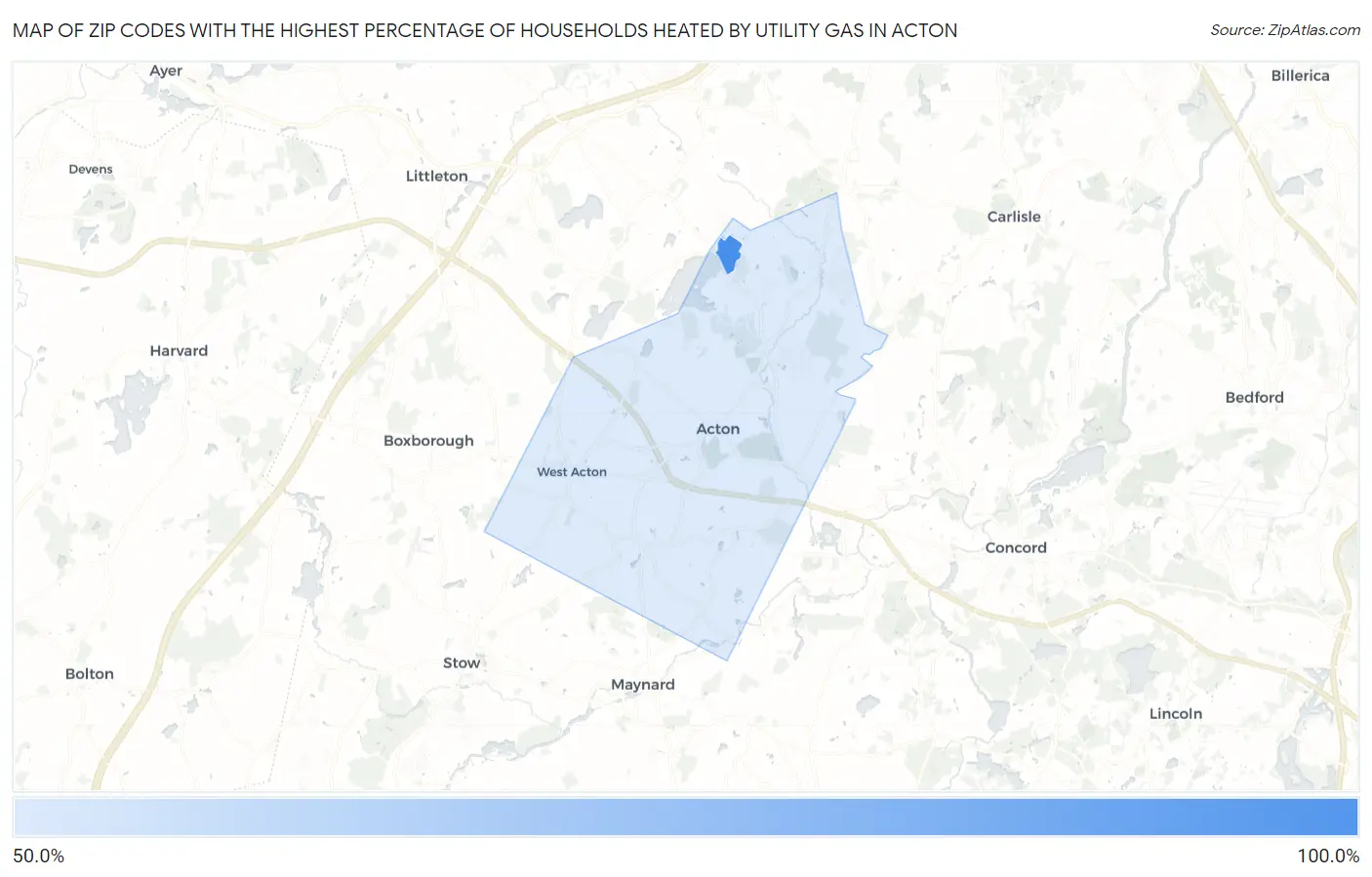 Zip Codes with the Highest Percentage of Households Heated by Utility Gas in Acton Map