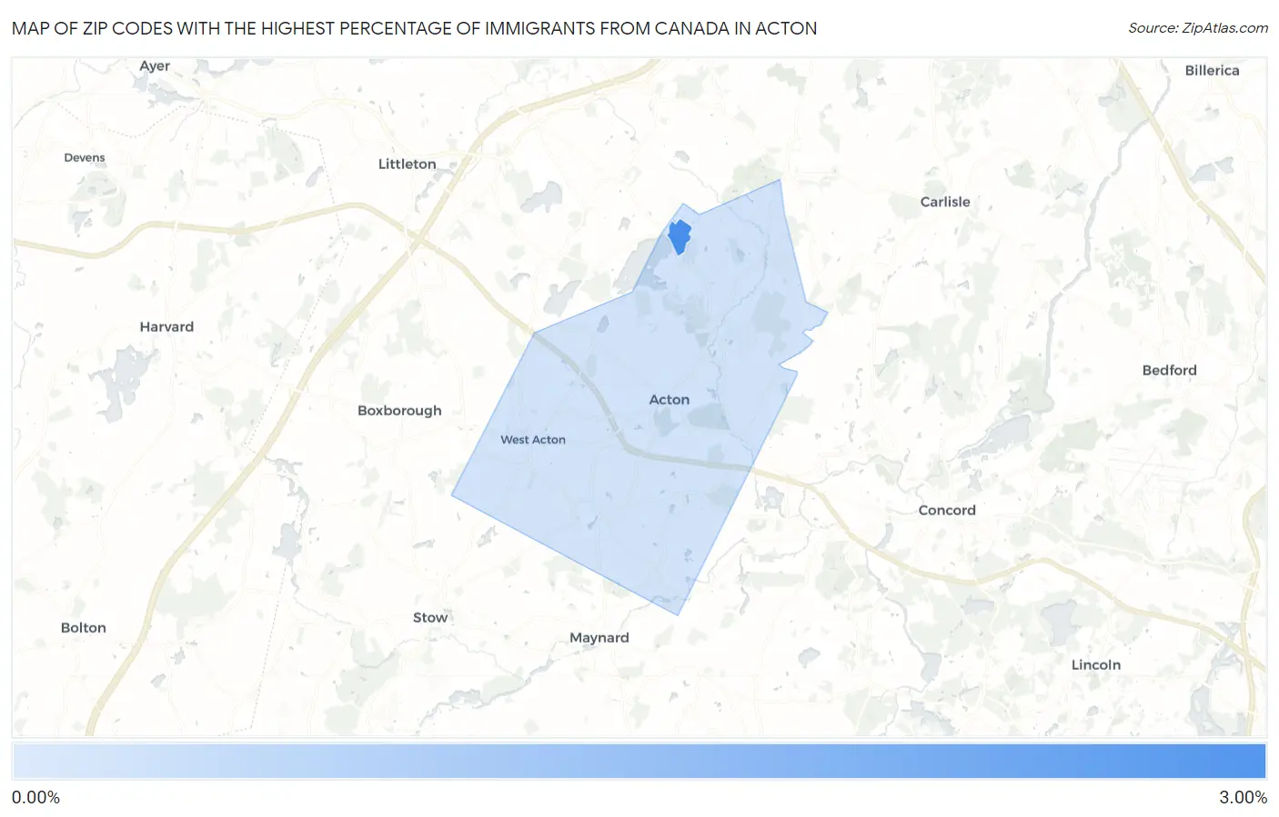 Zip Codes with the Highest Percentage of Immigrants from Canada in Acton Map