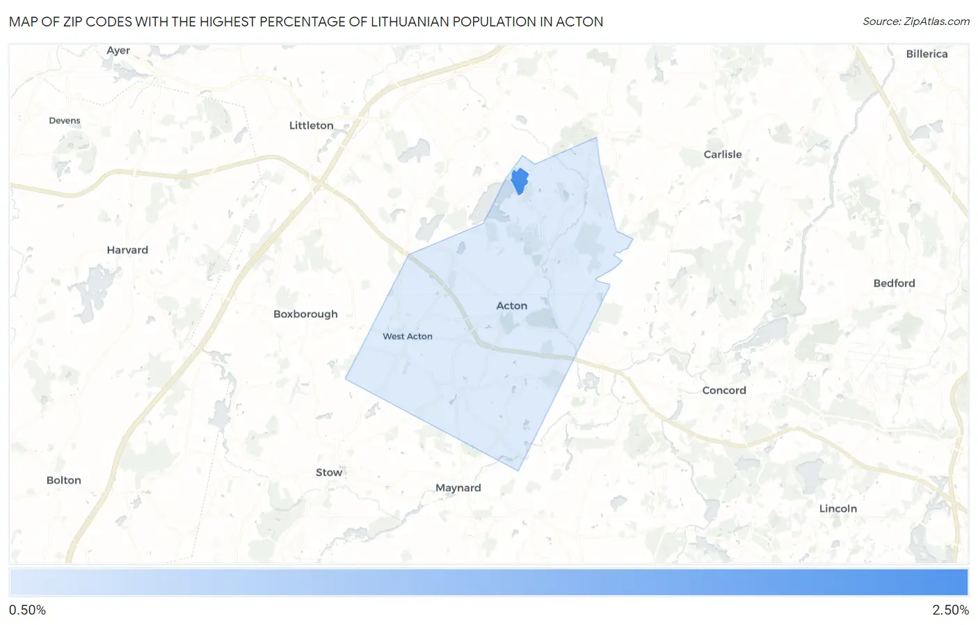 Zip Codes with the Highest Percentage of Lithuanian Population in Acton Map