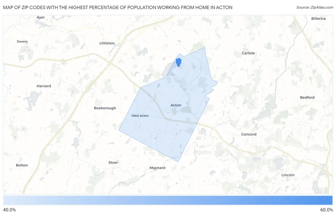 Zip Codes with the Highest Percentage of Population Working from Home in Acton Map