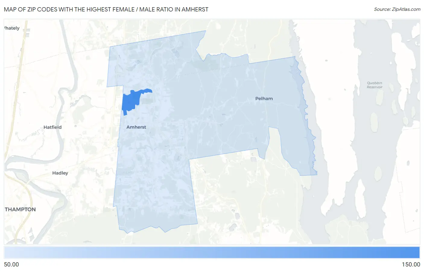 Zip Codes with the Highest Female / Male Ratio in Amherst Map