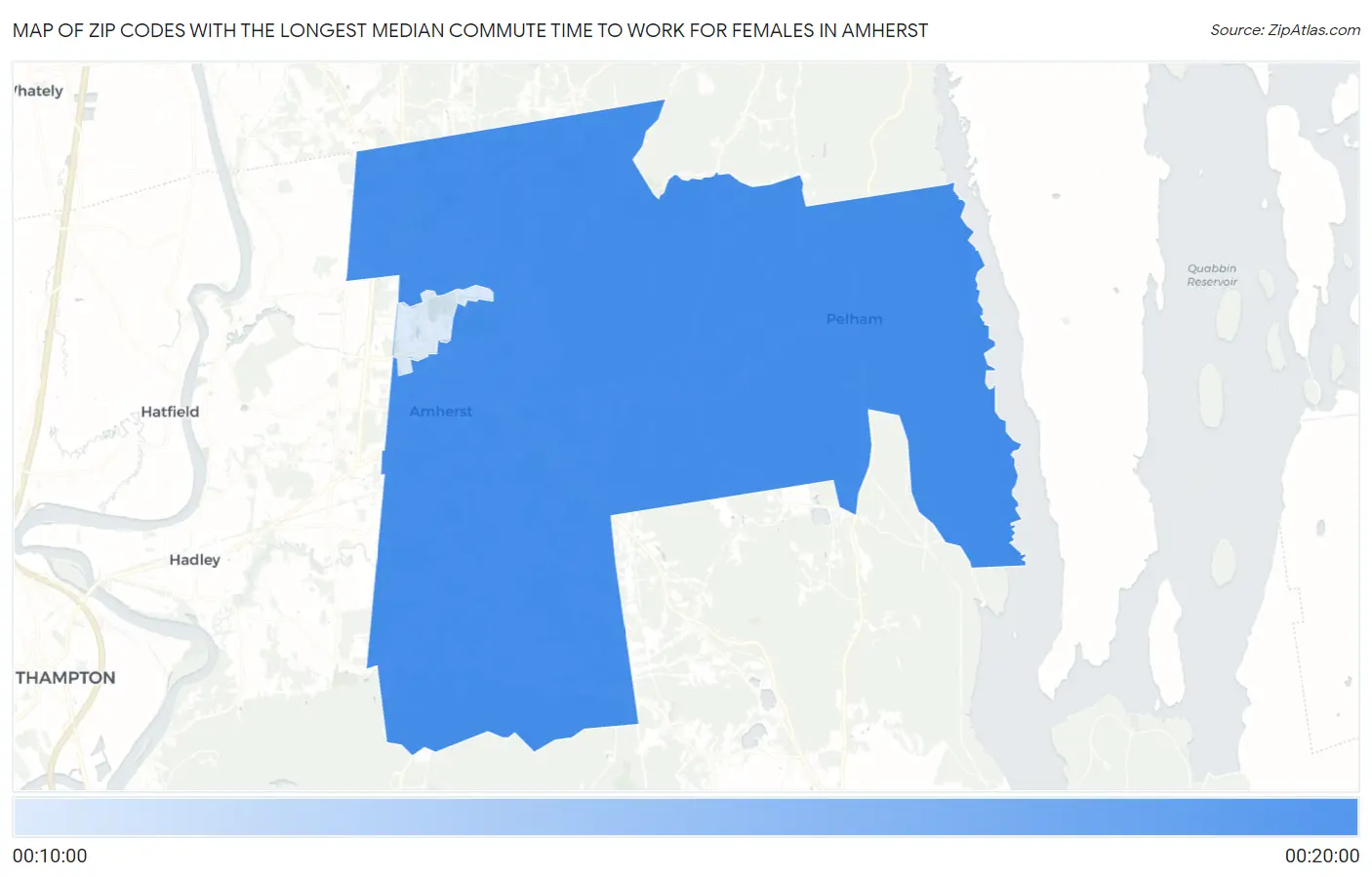 Zip Codes with the Longest Median Commute Time to Work for Females in Amherst Map