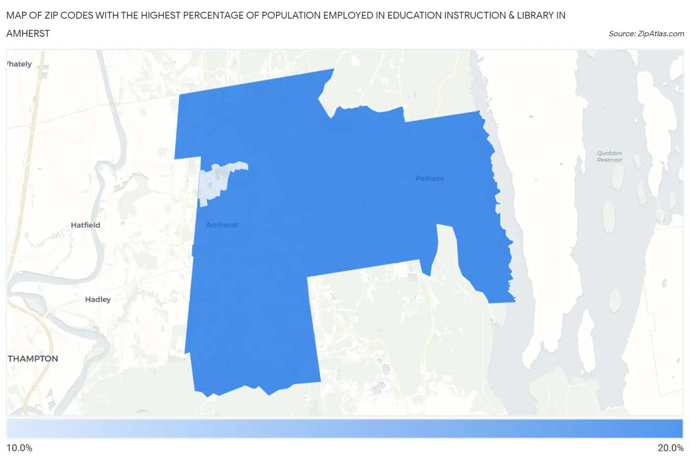 Zip Codes with the Highest Percentage of Population Employed in Education Instruction & Library in Amherst Map