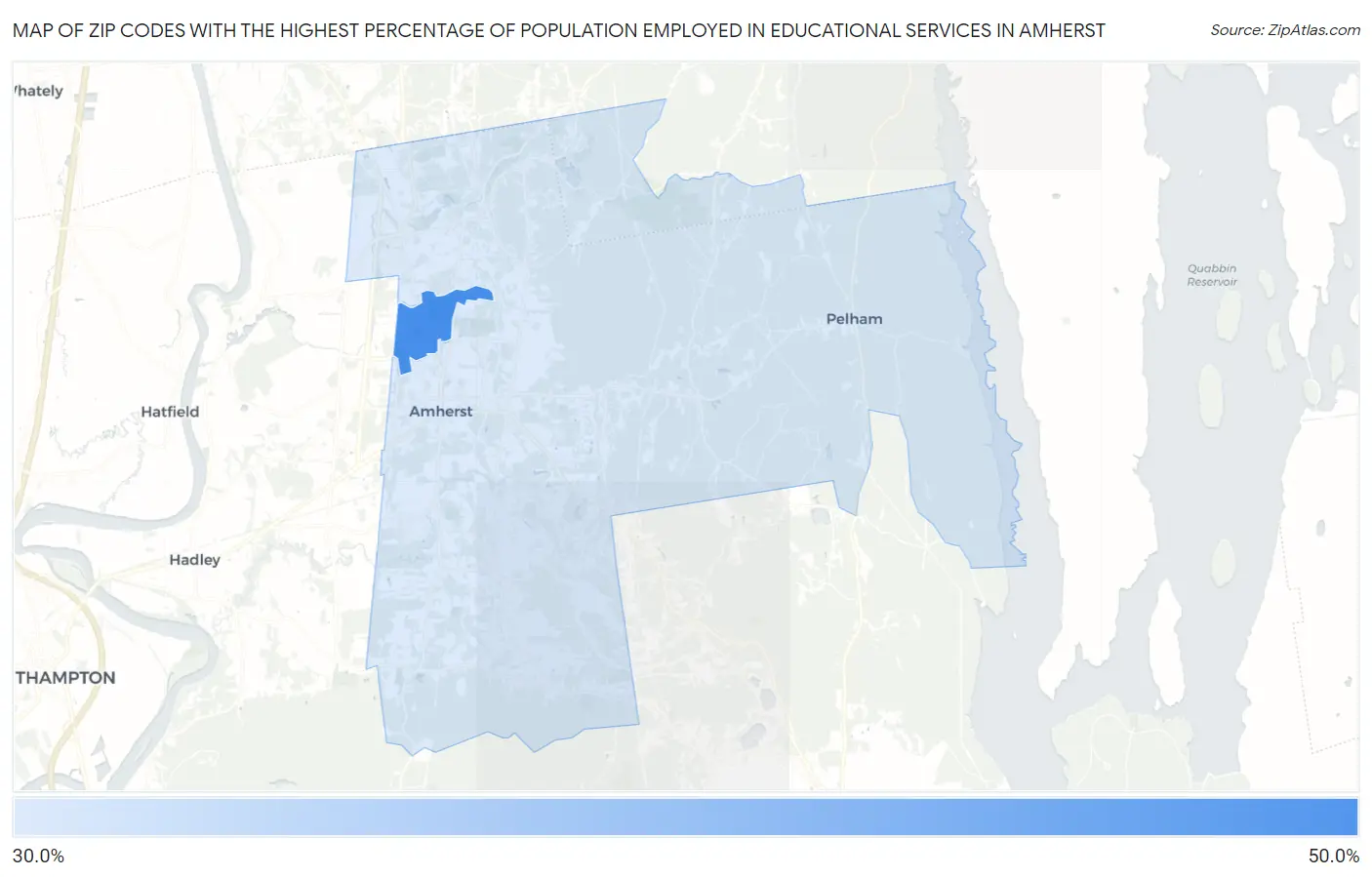 Zip Codes with the Highest Percentage of Population Employed in Educational Services in Amherst Map