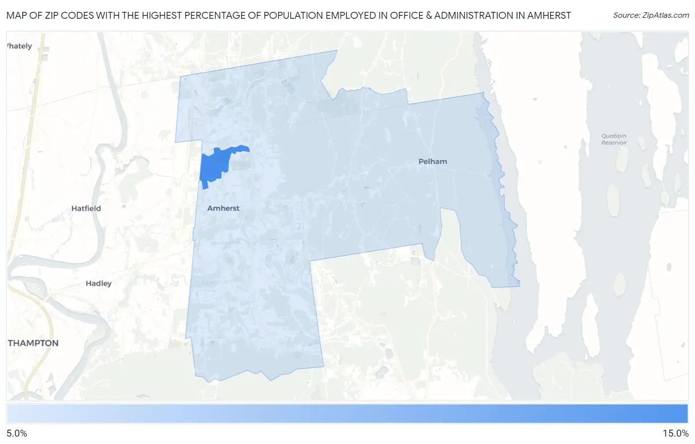 Zip Codes with the Highest Percentage of Population Employed in Office & Administration in Amherst Map