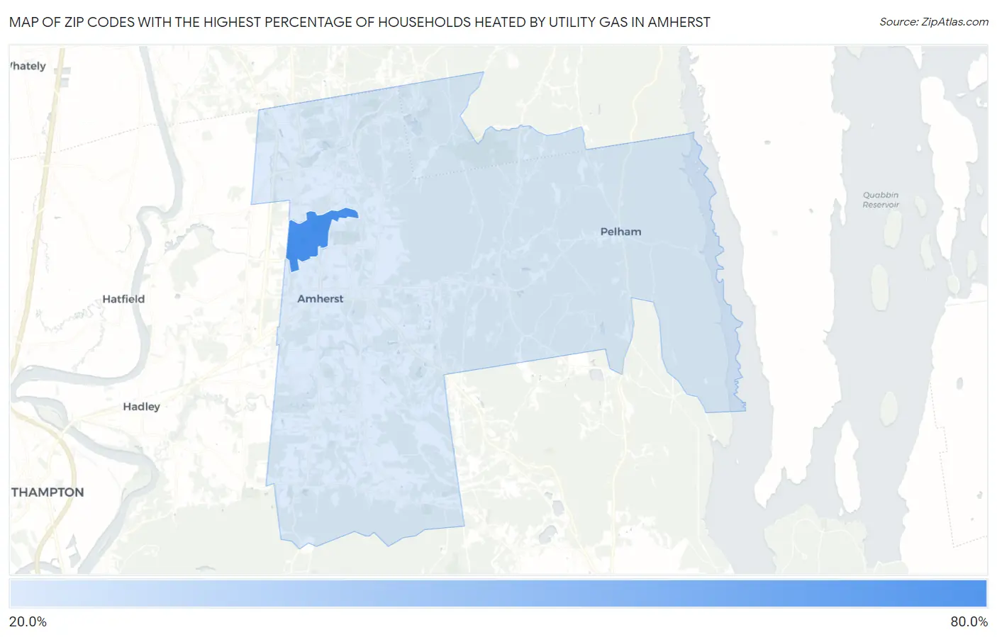 Zip Codes with the Highest Percentage of Households Heated by Utility Gas in Amherst Map