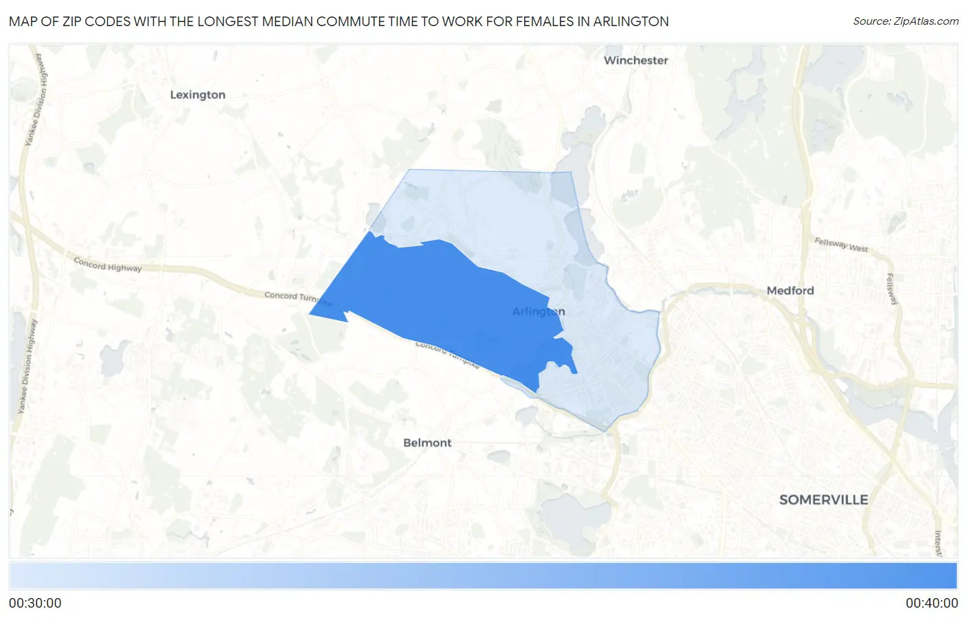 Zip Codes with the Longest Median Commute Time to Work for Females in Arlington Map