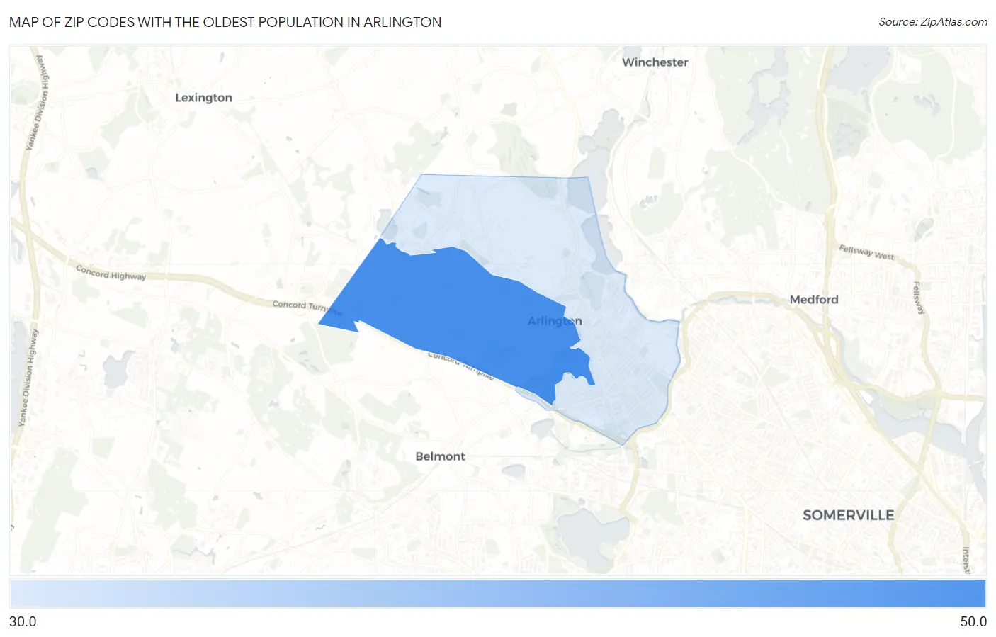 Zip Codes with the Oldest Population in Arlington Map