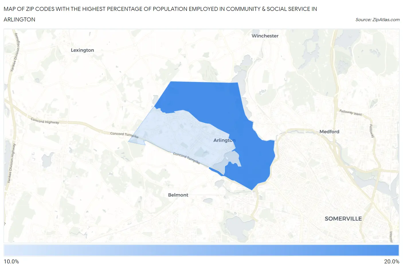 Zip Codes with the Highest Percentage of Population Employed in Community & Social Service  in Arlington Map