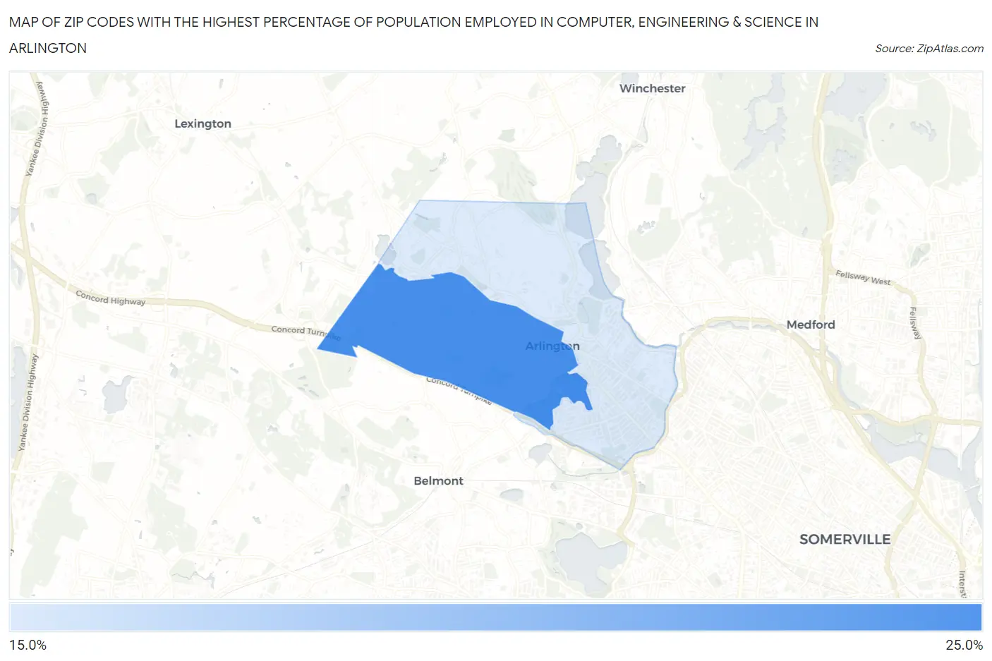 Zip Codes with the Highest Percentage of Population Employed in Computer, Engineering & Science in Arlington Map