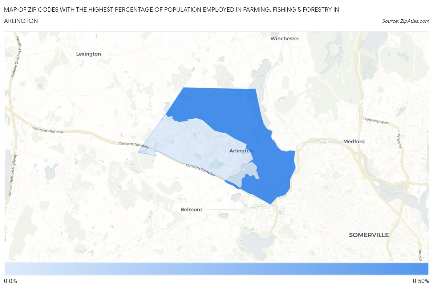 Zip Codes with the Highest Percentage of Population Employed in Farming, Fishing & Forestry in Arlington Map