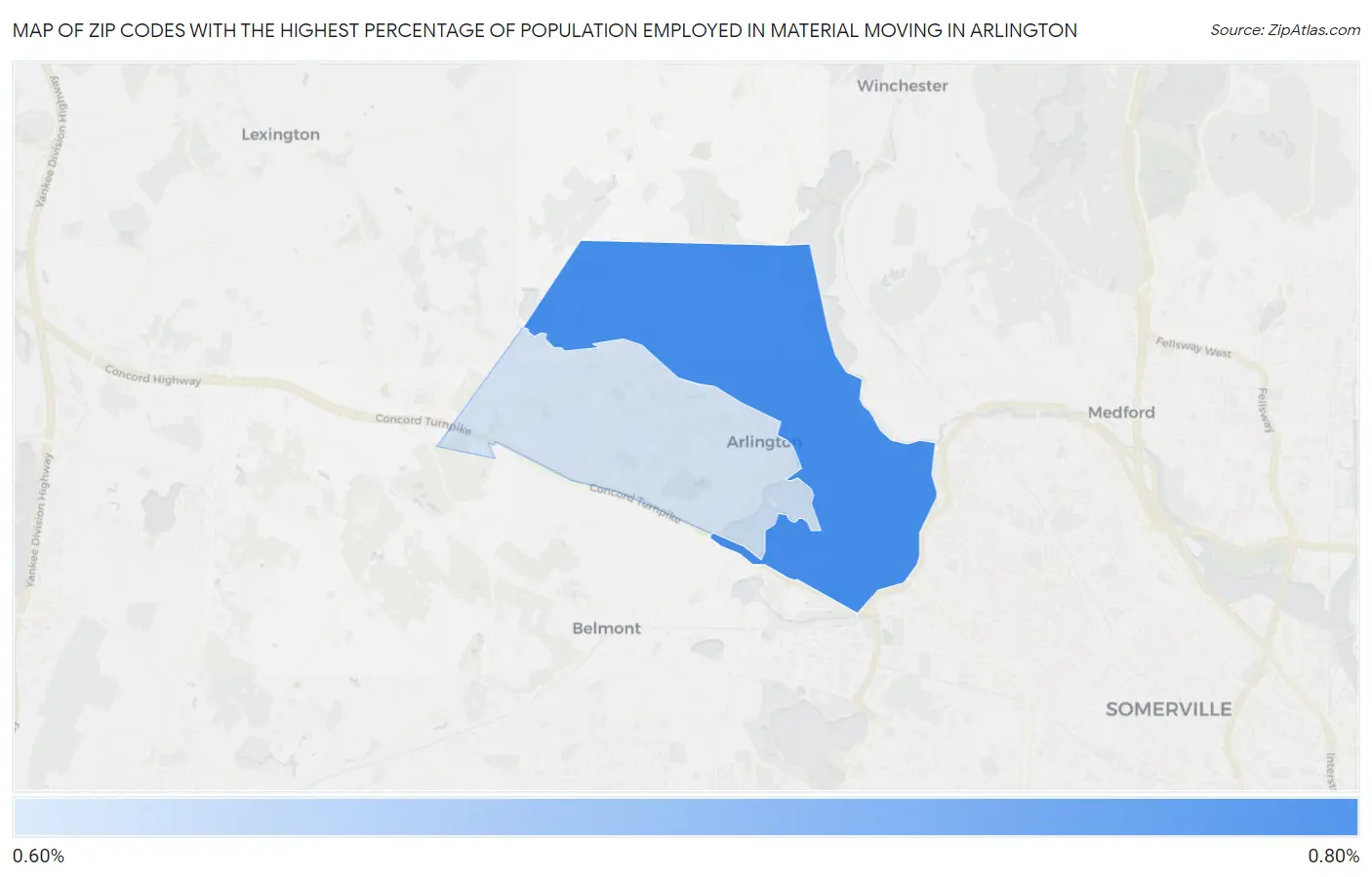 Zip Codes with the Highest Percentage of Population Employed in Material Moving in Arlington Map