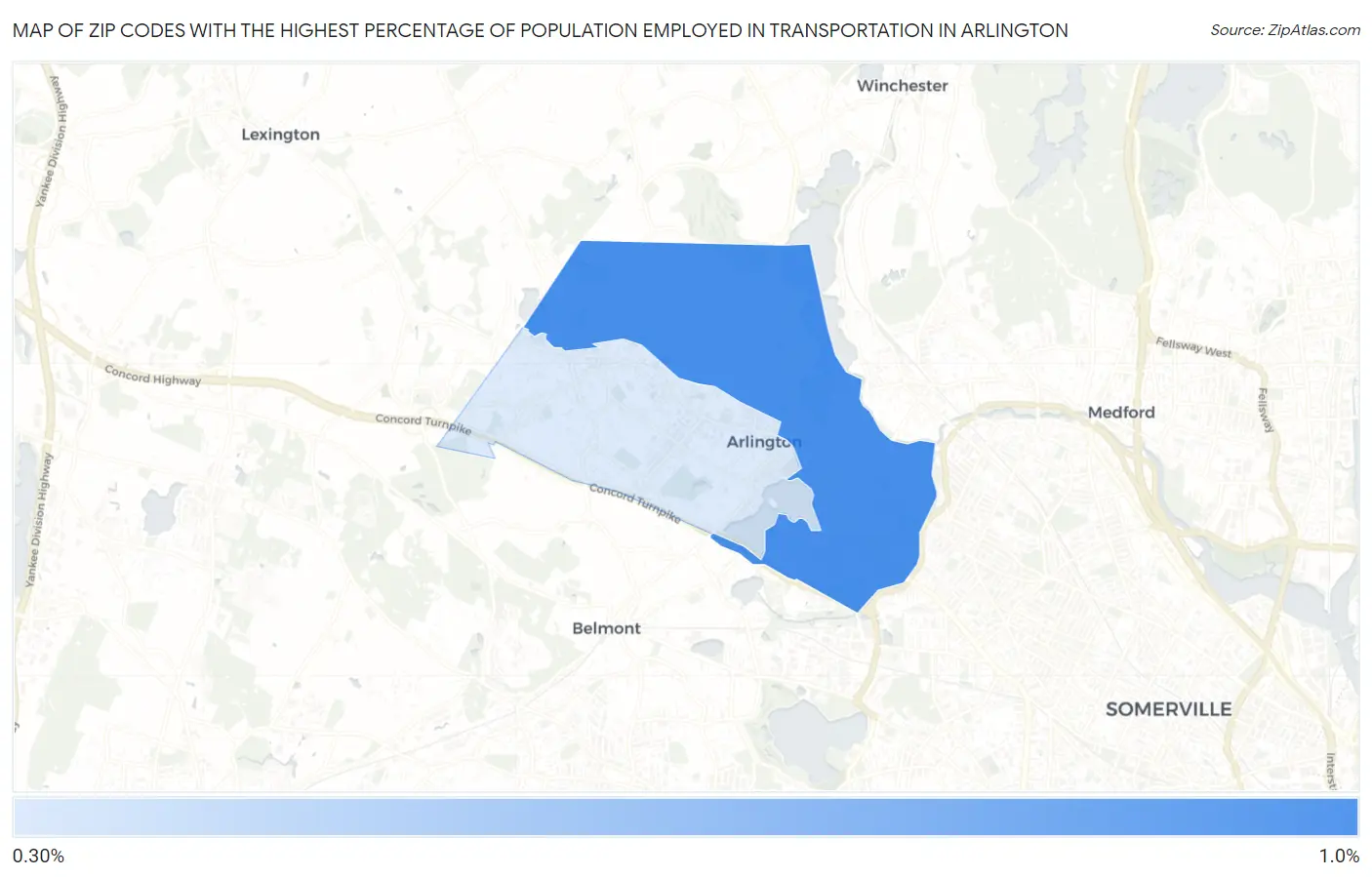 Zip Codes with the Highest Percentage of Population Employed in Transportation in Arlington Map