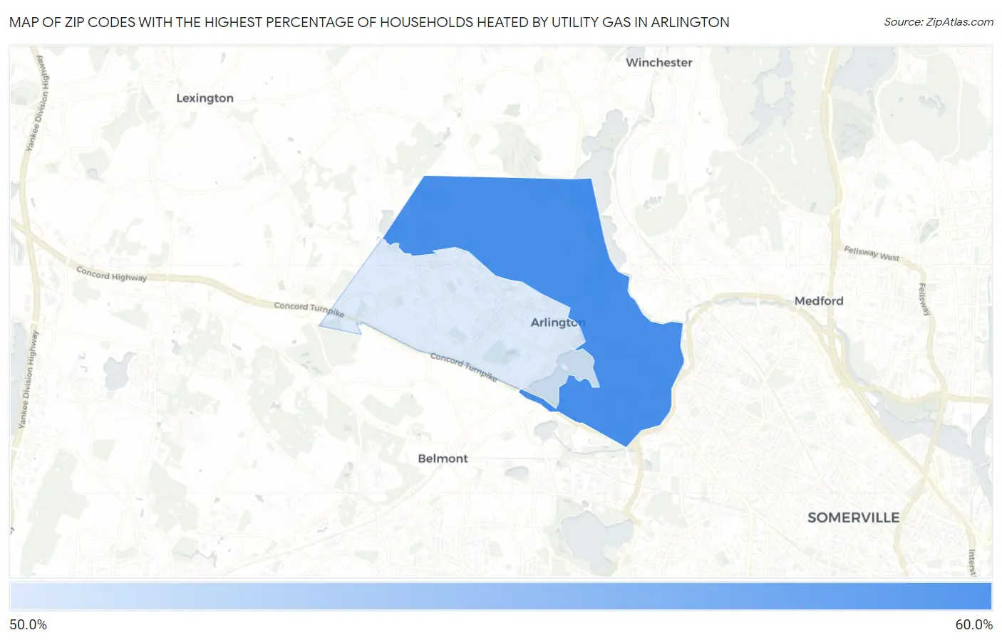 Zip Codes with the Highest Percentage of Households Heated by Utility Gas in Arlington Map