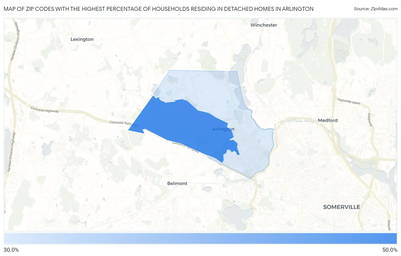 Zip Codes with the Highest Percentage of Households Residing in Detached Homes in Arlington Map