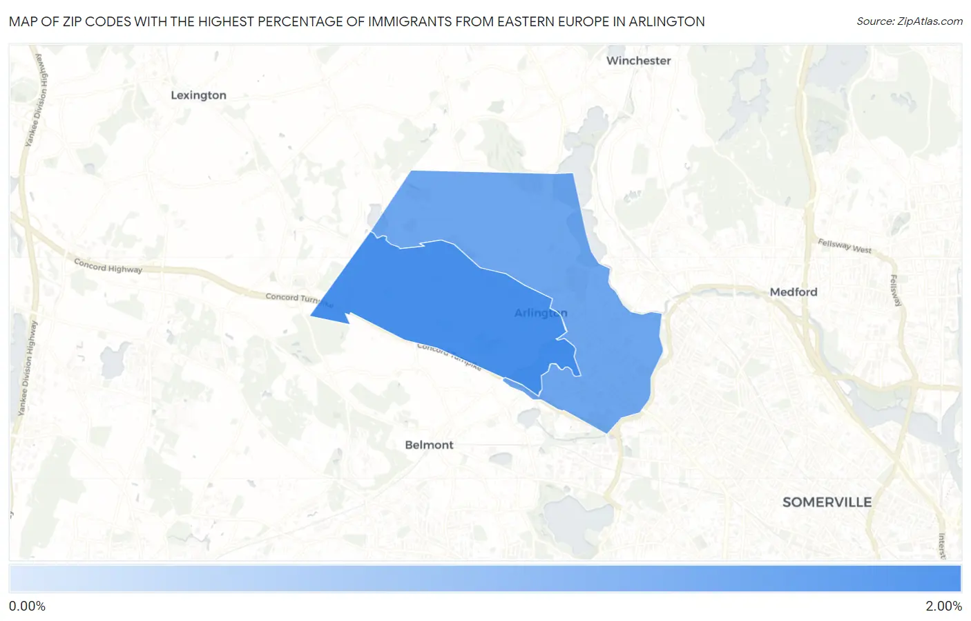 Zip Codes with the Highest Percentage of Immigrants from Eastern Europe in Arlington Map