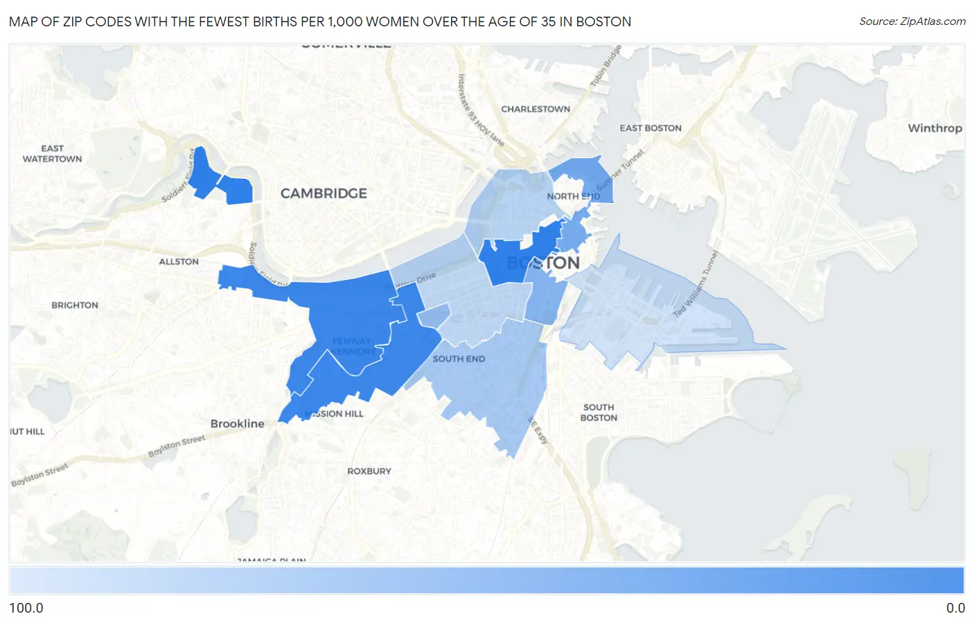 Zip Codes with the Fewest Births per 1,000 Women Over the Age of 35 in Boston Map