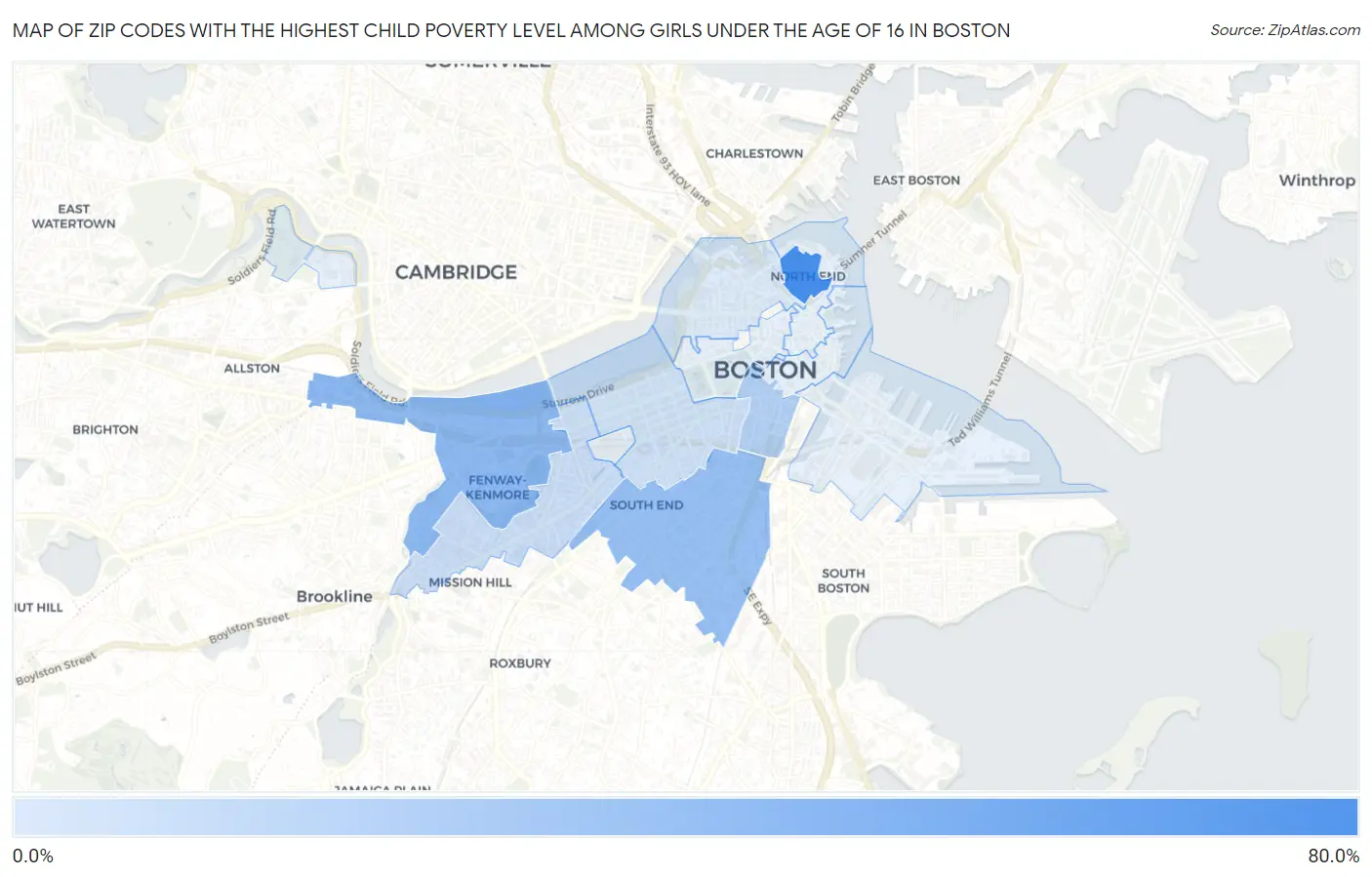 Zip Codes with the Highest Child Poverty Level Among Girls Under the Age of 16 in Boston Map