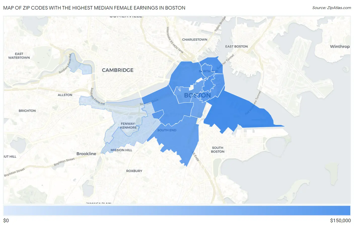 Zip Codes with the Highest Median Female Earnings in Boston Map