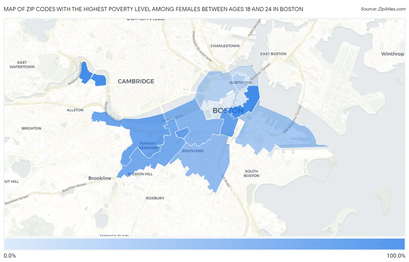 Zip Codes with the Highest Poverty Level Among Females Between Ages 18 and 24 in Boston Map
