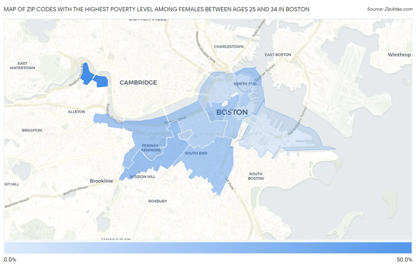 Zip Codes with the Highest Poverty Level Among Females Between Ages 25 and 34 in Boston Map