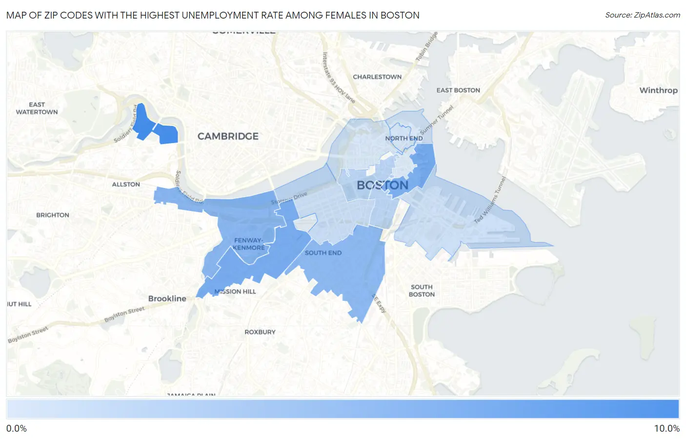 Zip Codes with the Highest Unemployment Rate Among Females in Boston Map