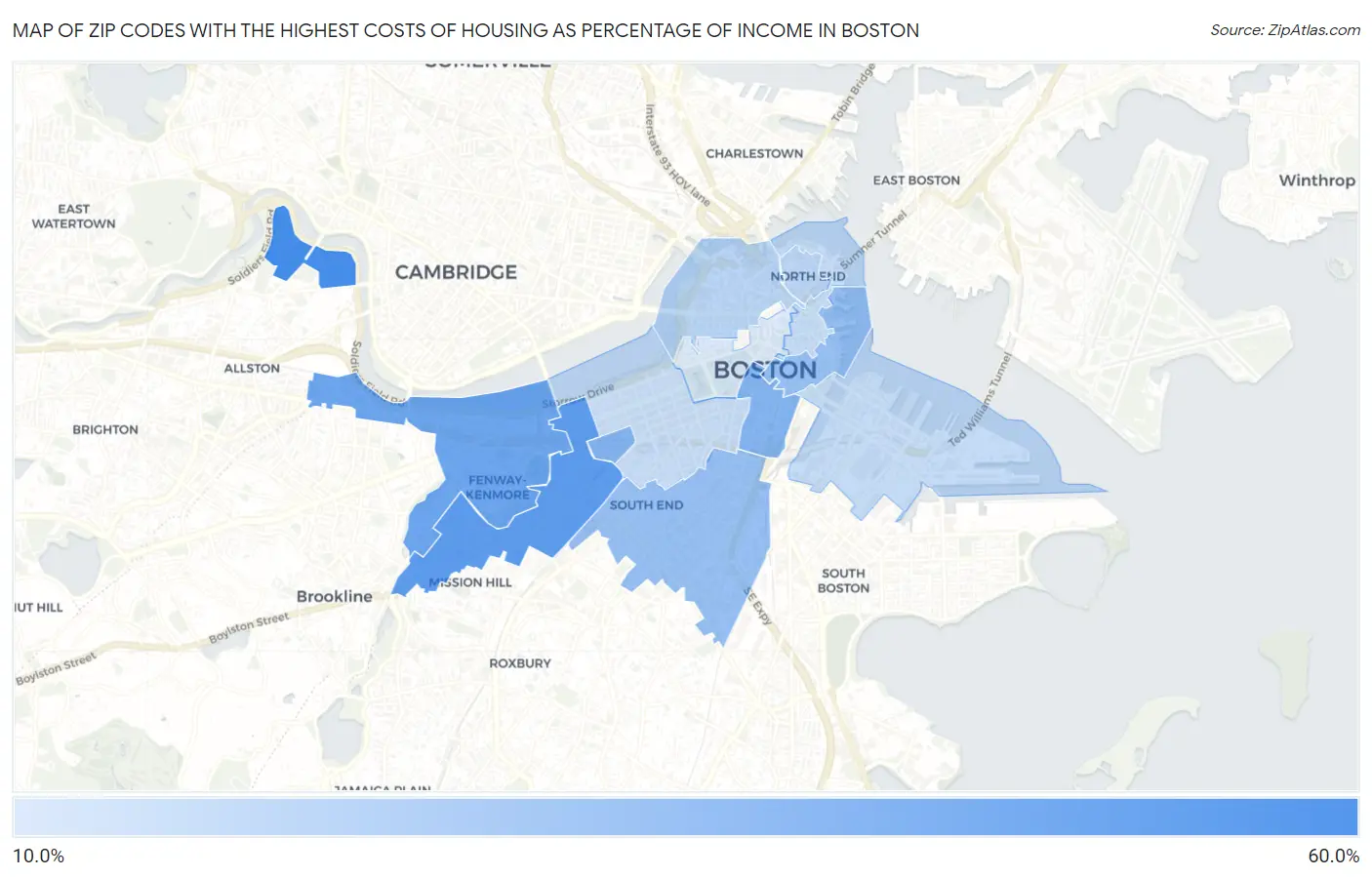 Zip Codes with the Highest Costs of Housing as Percentage of Income in Boston Map