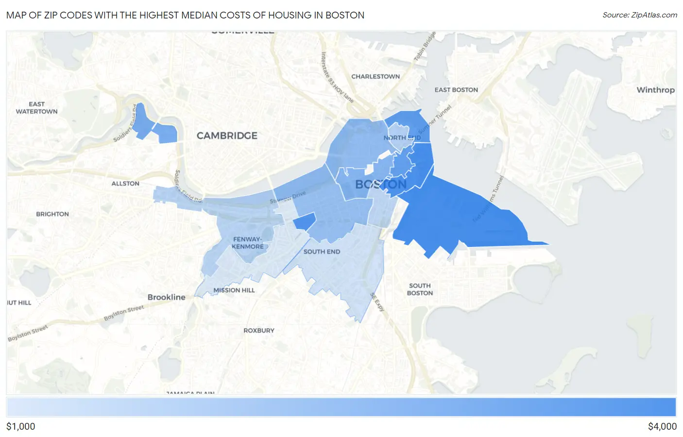 Zip Codes with the Highest Median Costs of Housing in Boston Map