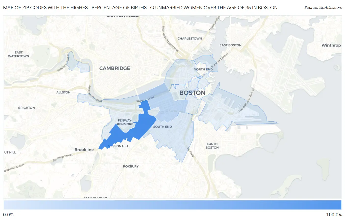 Zip Codes with the Highest Percentage of Births to Unmarried Women over the Age of 35 in Boston Map