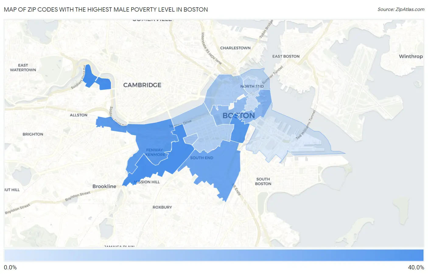 Zip Codes with the Highest Male Poverty Level in Boston Map