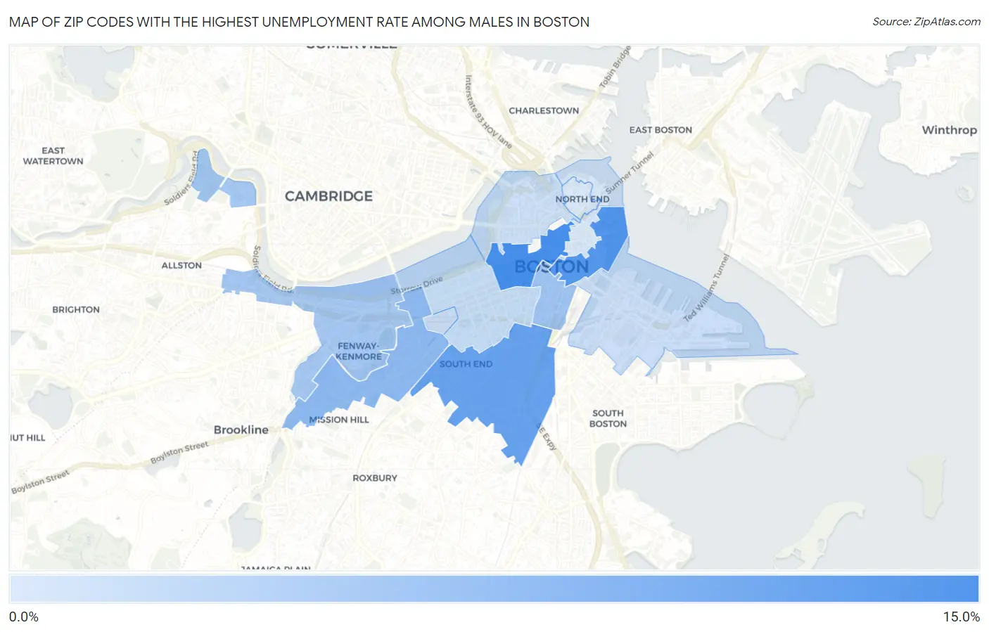 Zip Codes with the Highest Unemployment Rate Among Males in Boston Map