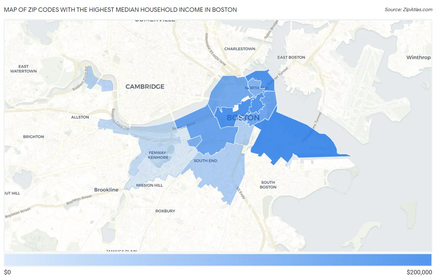Zip Codes with the Highest Median Household Income in Boston Map