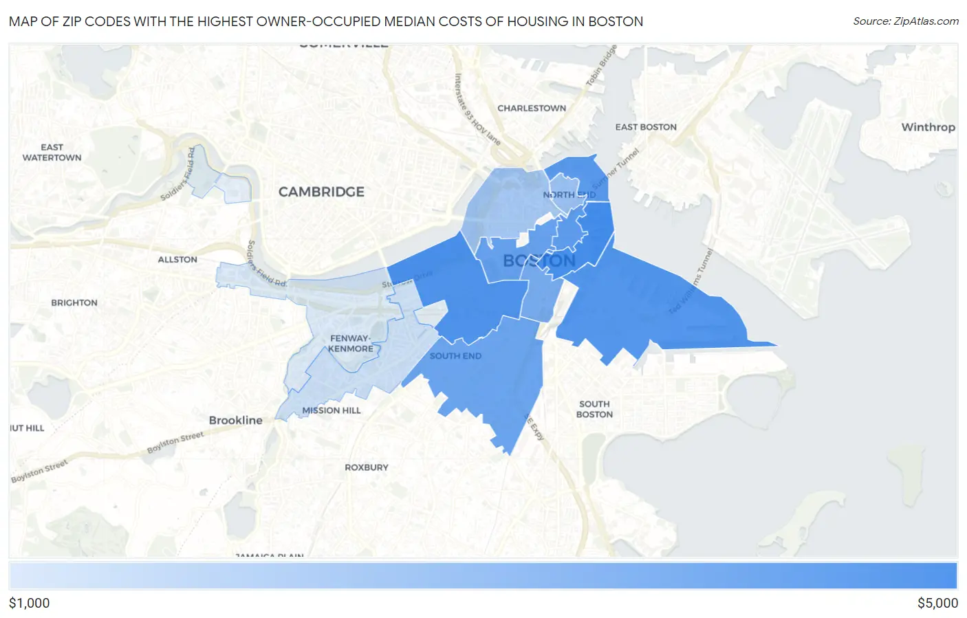 Zip Codes with the Highest Owner-Occupied Median Costs of Housing in Boston Map