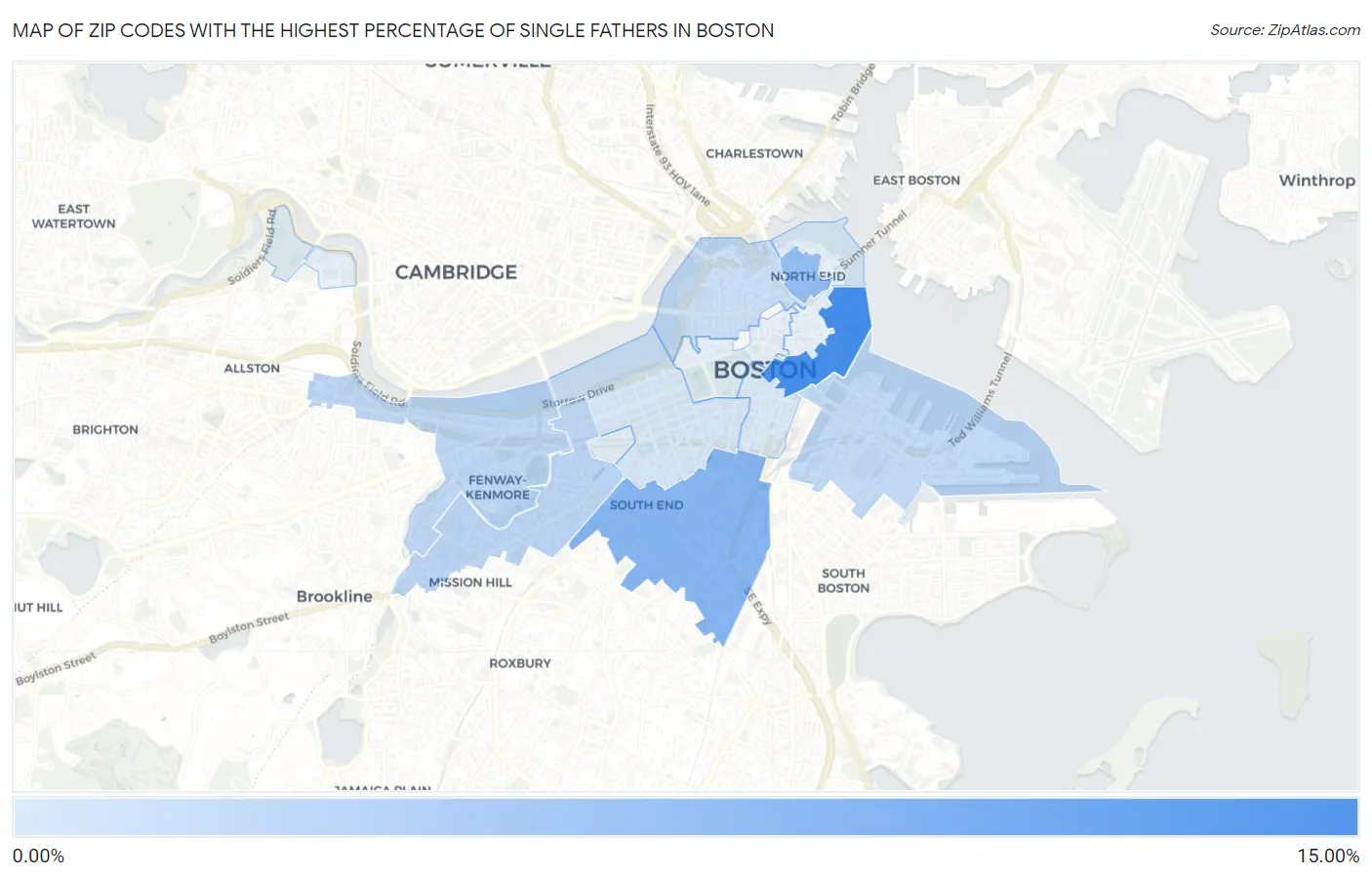 Zip Codes with the Highest Percentage of Single Fathers in Boston Map