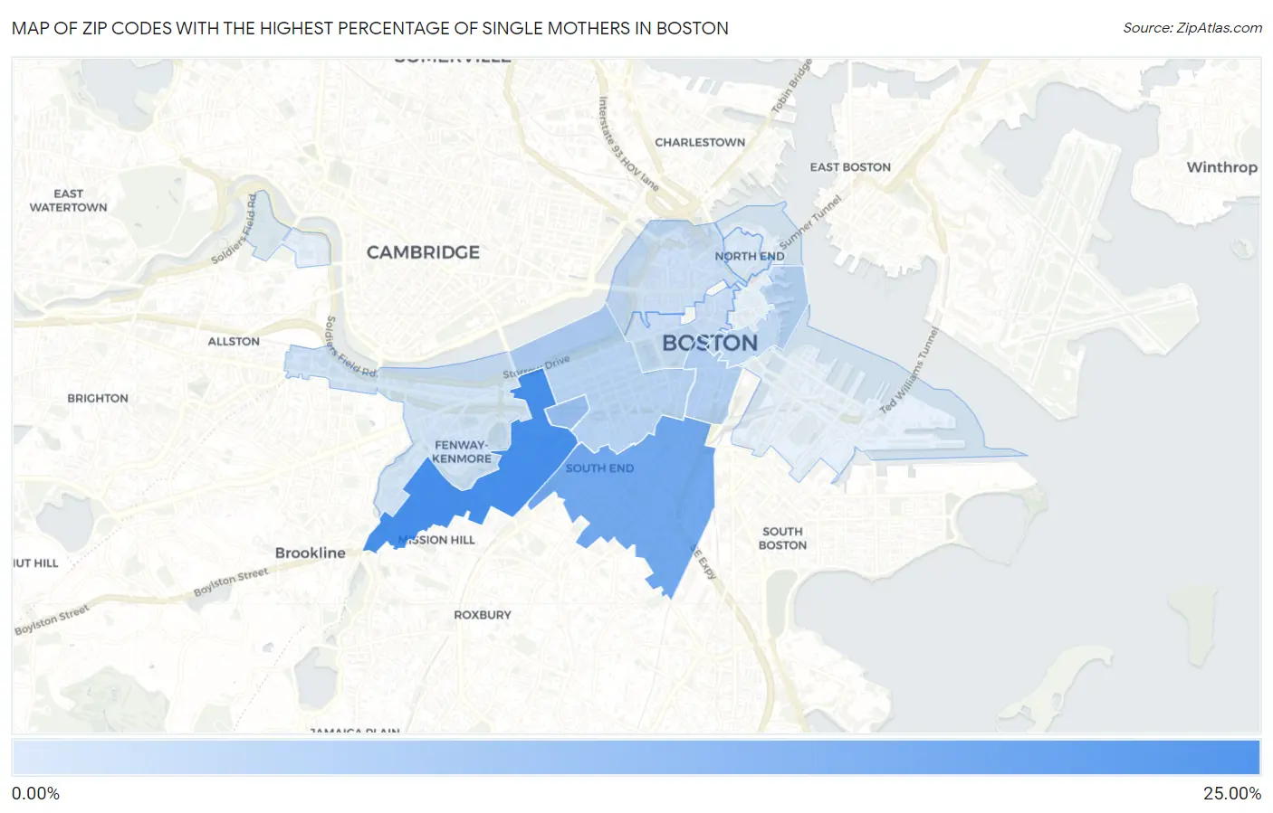 Zip Codes with the Highest Percentage of Single Mothers in Boston Map