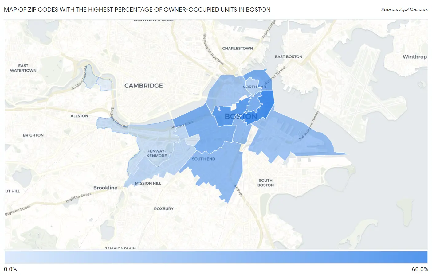 Zip Codes with the Highest Percentage of Owner-Occupied Units in Boston Map
