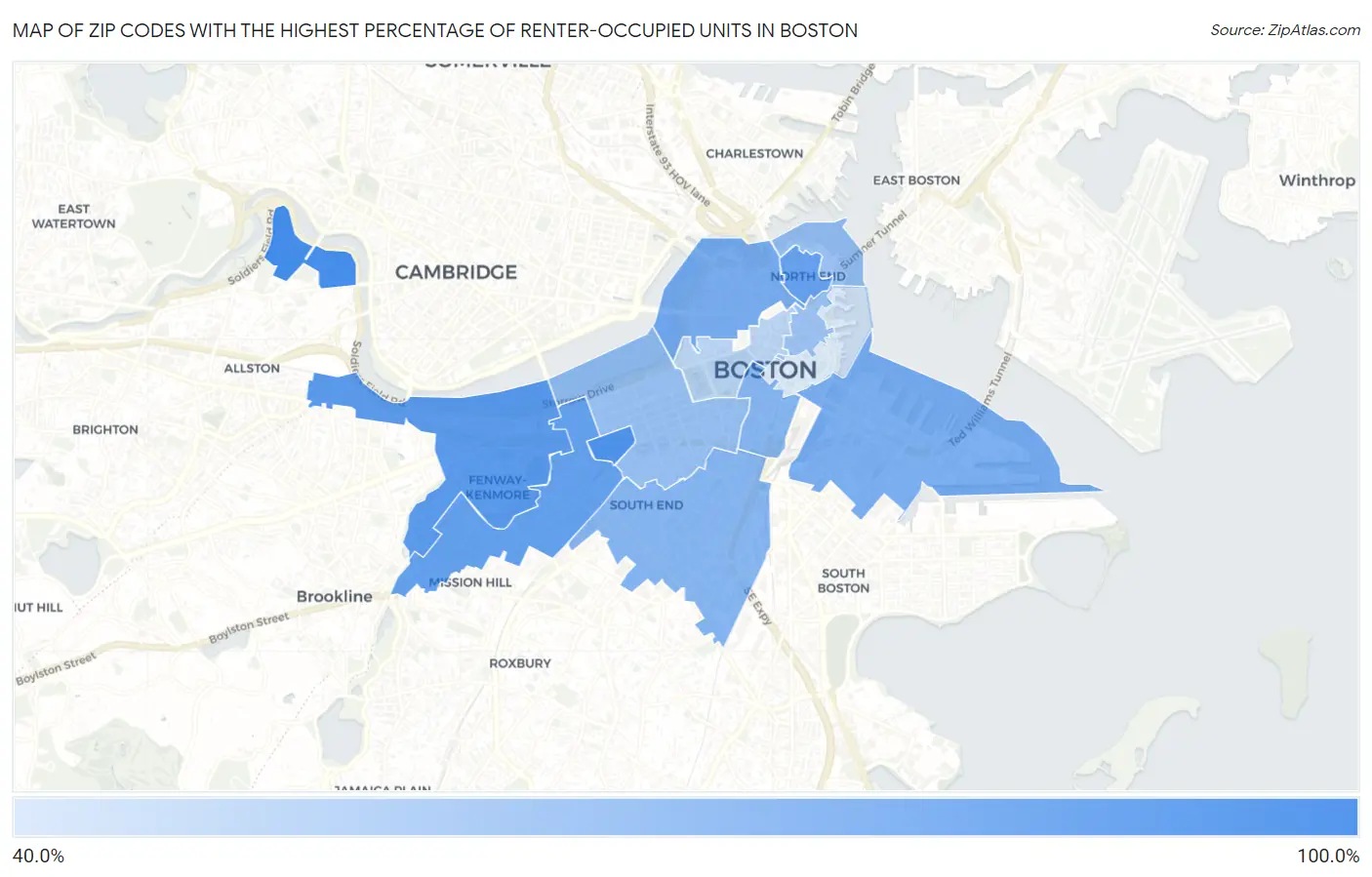 Zip Codes with the Highest Percentage of Renter-Occupied Units in Boston Map