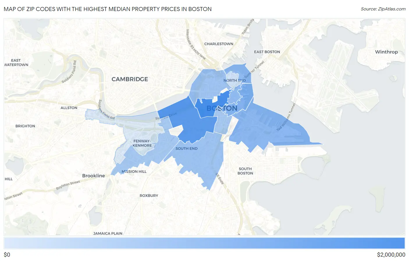 Zip Codes with the Highest Median Property Prices in Boston Map