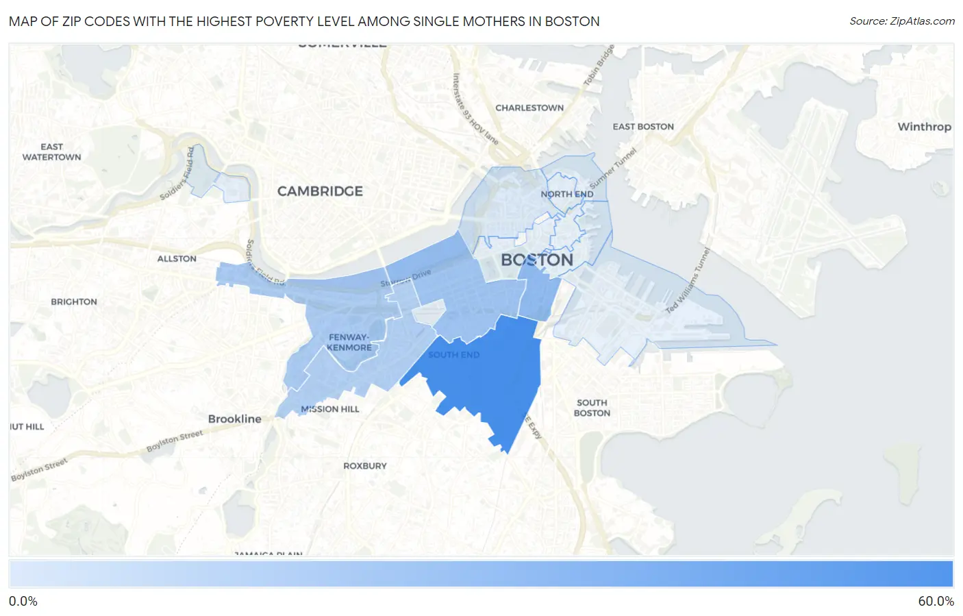 Zip Codes with the Highest Poverty Level Among Single Mothers in Boston Map